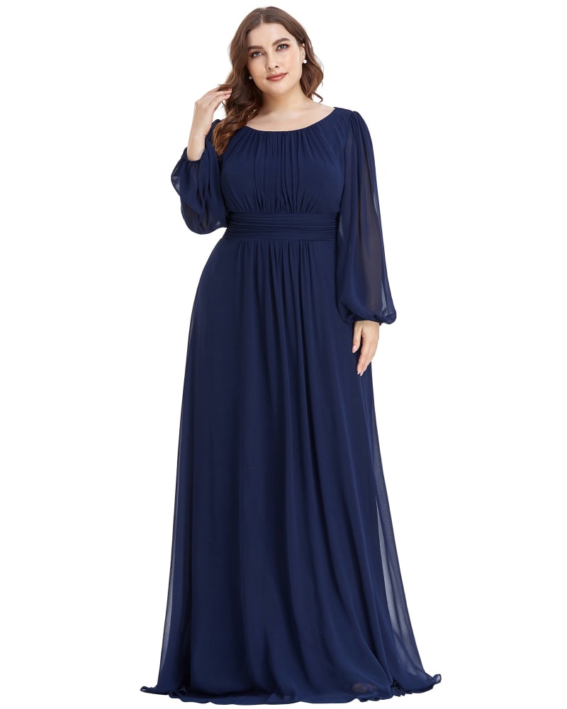 Front of a model wearing a size 16 Chiffon High Empire Waist Puff Sleeve Mother Dress in Navy Blue by Ever-Pretty. | dia_product_style_image_id:319804